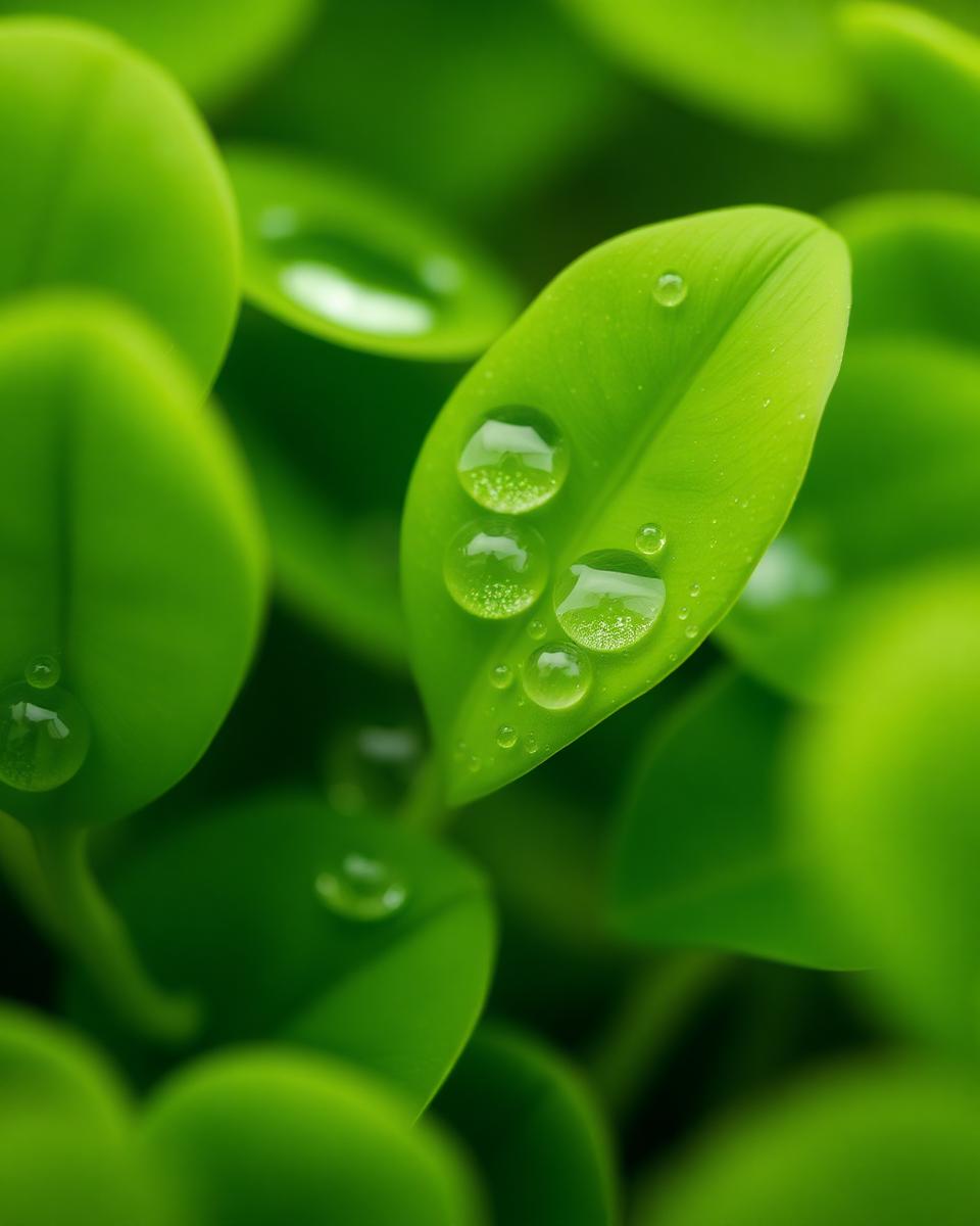 Macro shot of green centella leaves with water droplets