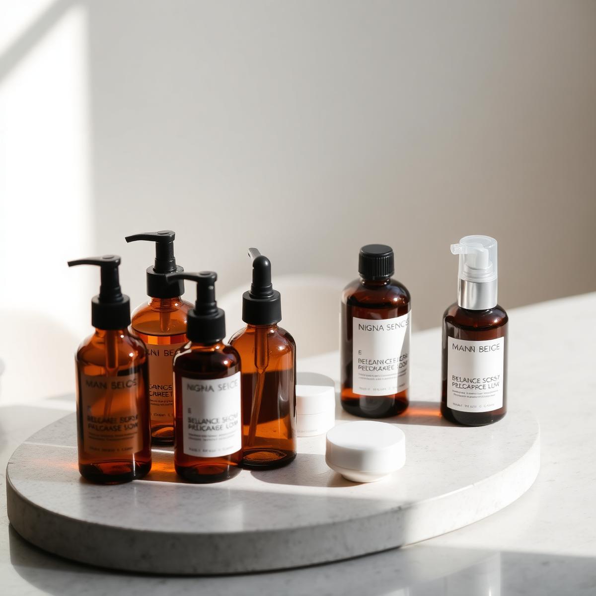 Amber glass skincare bottles on a limestone tray